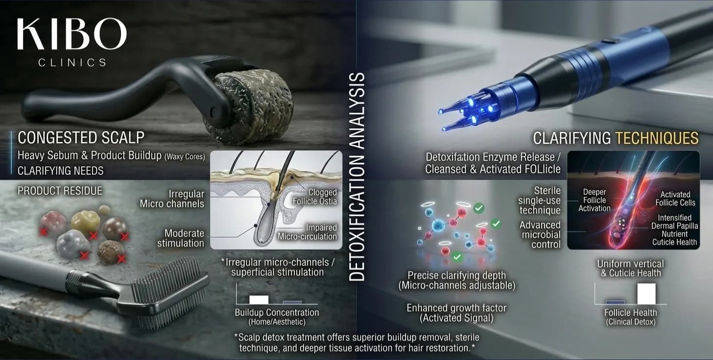 Scalp detox treatment showing product buildup removal clarifying techniques and follicle cleansing for improved growth