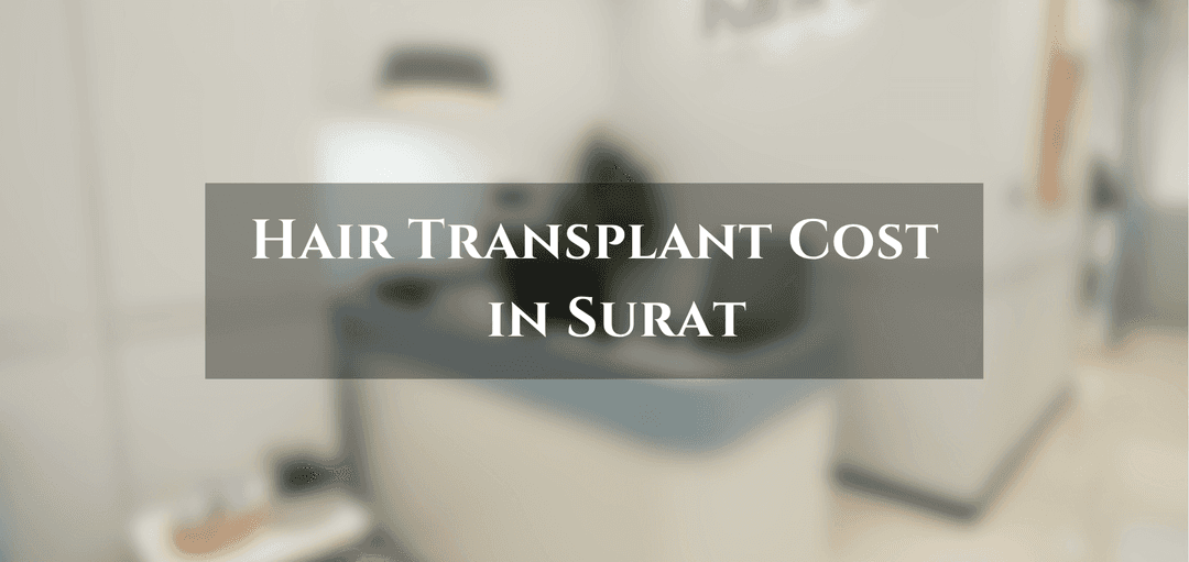 kibo clinics front desk blurred photo in background and text "Hair tansplant in Surat" on top with black backdrop for text with 45% opacity