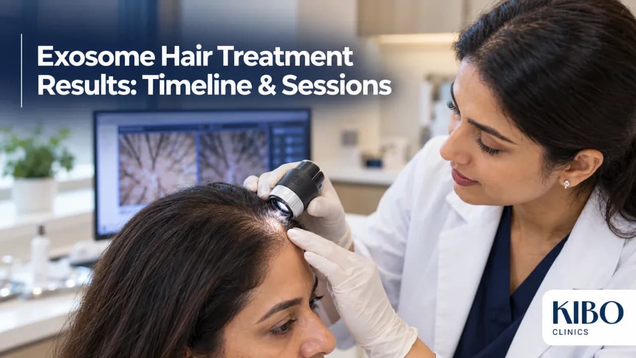 Timeline graphic showing exosome hair treatment results over weeks and months