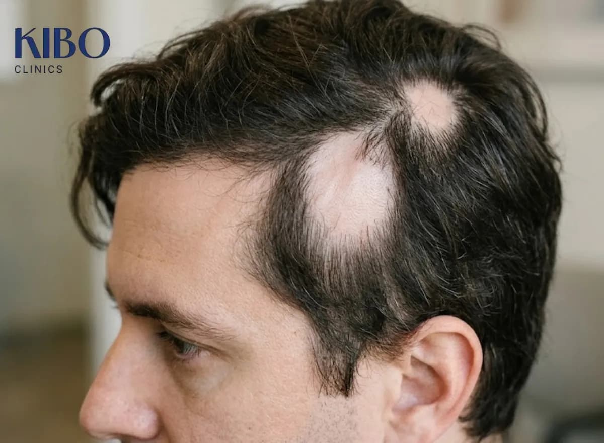 Featured image for alopecia areata showing patchy hair loss on the scalp and autoimmune hair follicle disruption.