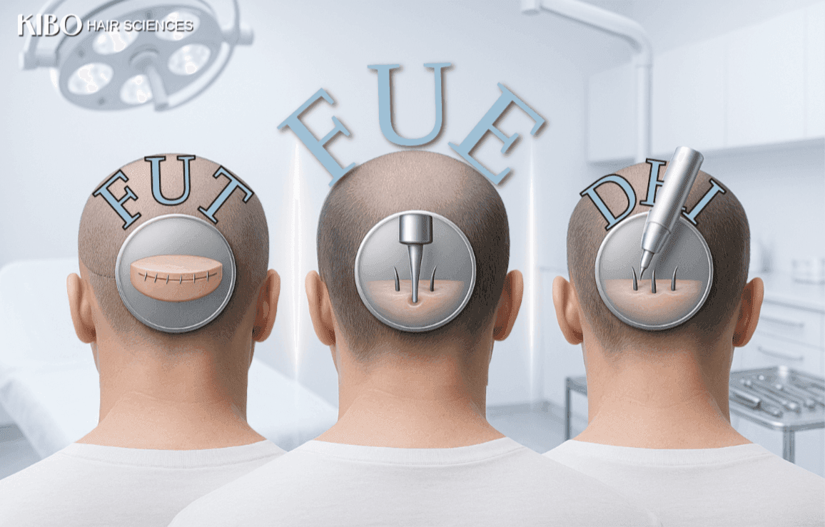 Comparison of FUE FUT and DHI hair transplant techniques