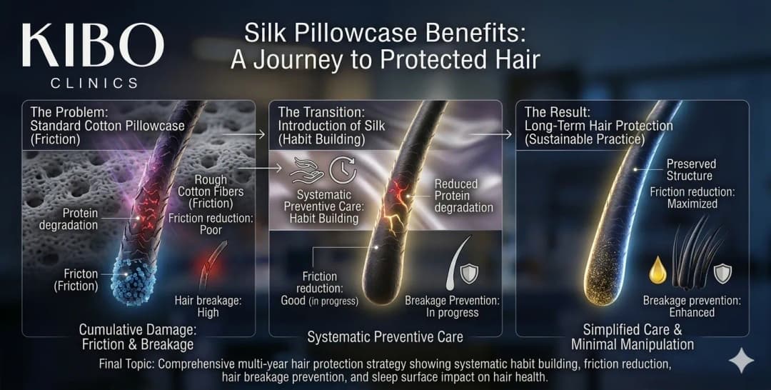 Silk pillowcase benefits showing friction reduction hair breakage prevention and sleep surface impact on hair health