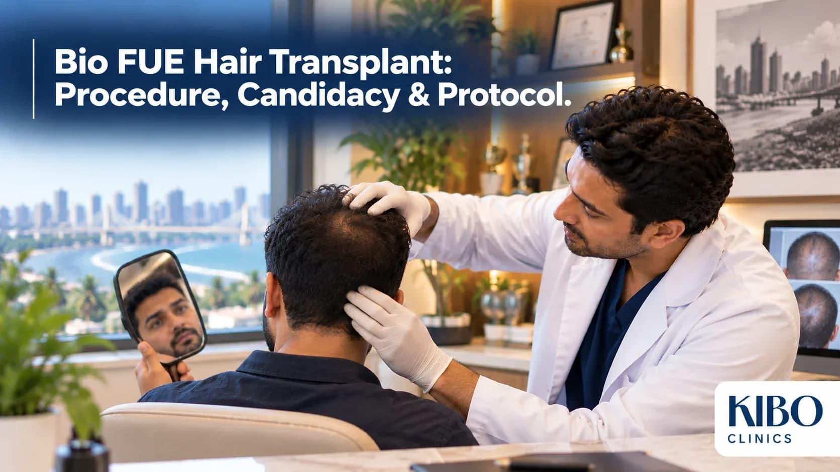 Dermatologist examining donor and recipient areas during a Bio FUE hair transplant consultation at Kibo Clinics