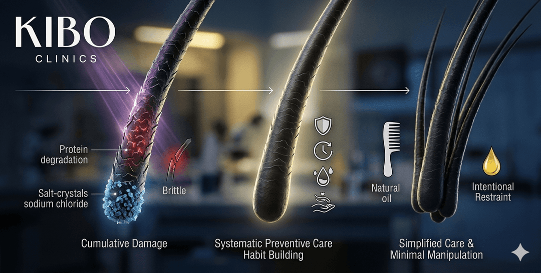 Comprehensive multi-year hair protection strategy showing systematic habit building preventive care timeline and sustainable practices preventing cumulative follicle damage