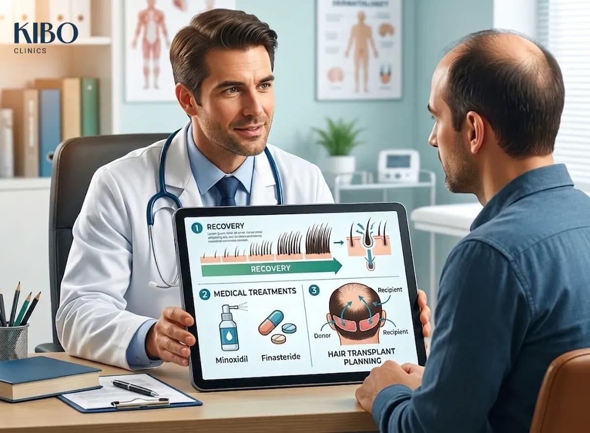 Kibo Clinics featured image for androgenetic alopecia recovery, medical treatment options and hair transplant planning.