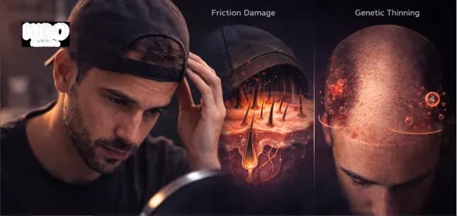 Hat baldness myth showing follicle stress patterns friction damage versus genetic hair loss differentiating mechanical from hereditary thinning