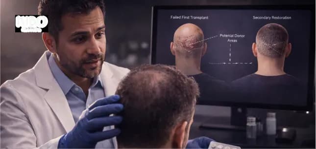 Revision hair transplant showing corrective procedure planning donor assessment and secondary restoration options after failed first transplant