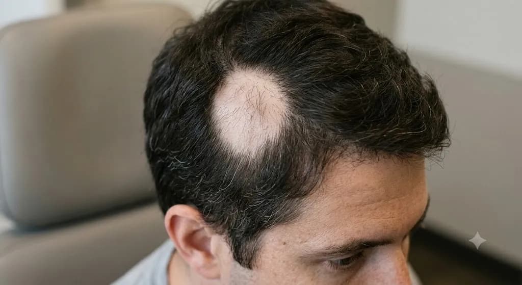 Alopecia areata regrowth showing new hair emerging within a smooth patch of scalp