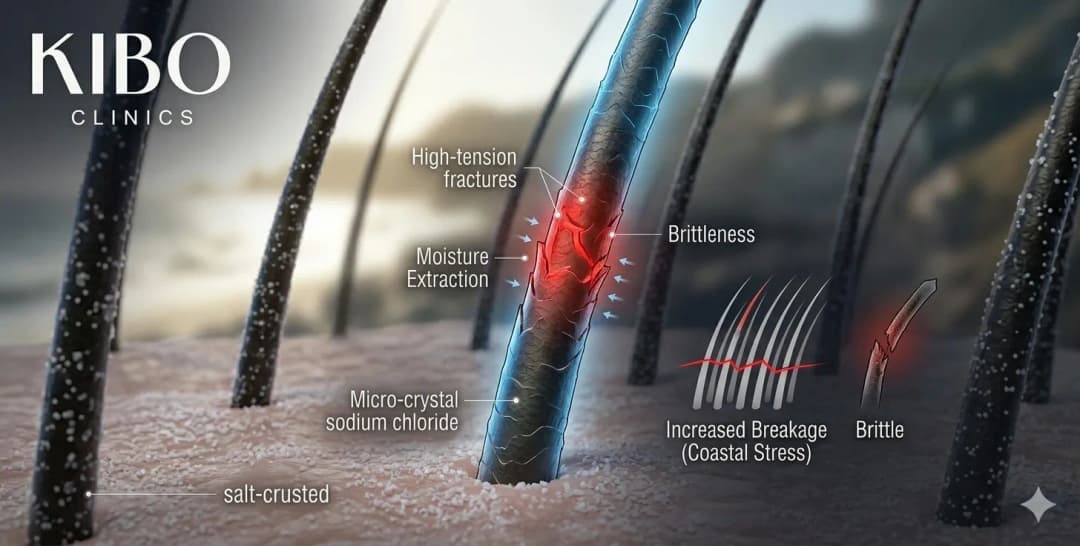 Marine salt aerosol coating hair strands showing sodium chloride deposits creating moisture extraction brittleness and increased breakage from coastal environment