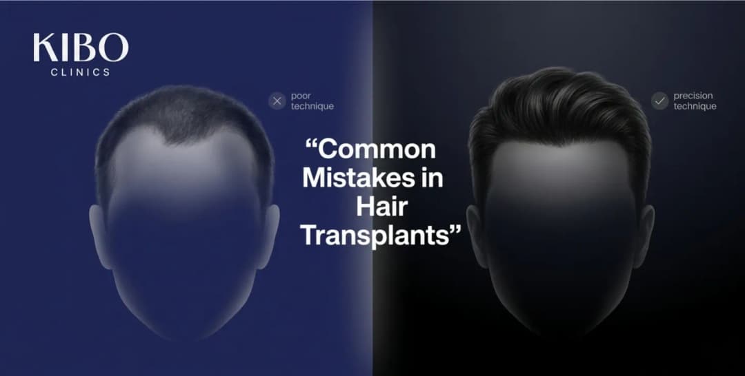 Common mistakes in hair transplant clinics shown through uneven hair follicle placement and poor density visualization