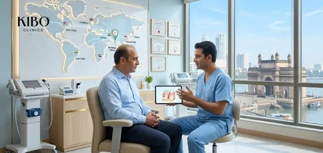 A doctor in blue scrubs consults with a patient in a modern Mumbai clinic, showing a hair diagram on a tablet with the Gateway of India visible through the window.