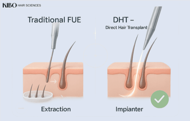 DHT vs traditional FUE showing simultaneous extraction and implantation