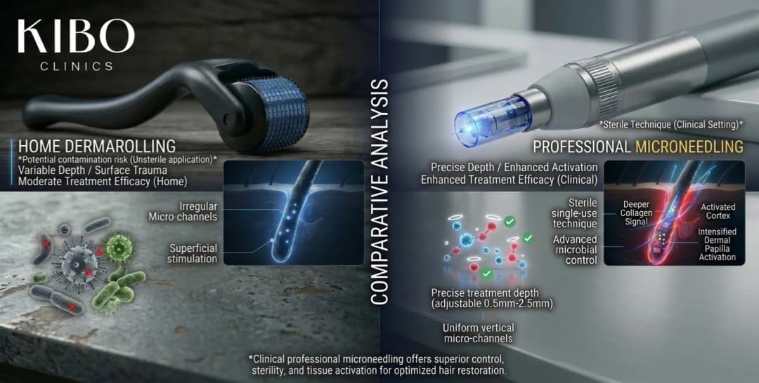 Home dermarolling versus professional microneedling showing safety comparison sterile technique and treatment efficacy differences