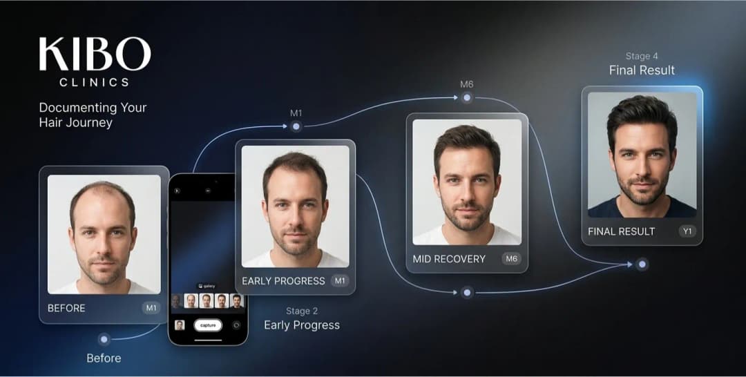 Hair transplant journey documented through timeline of progress stages and photo tracking