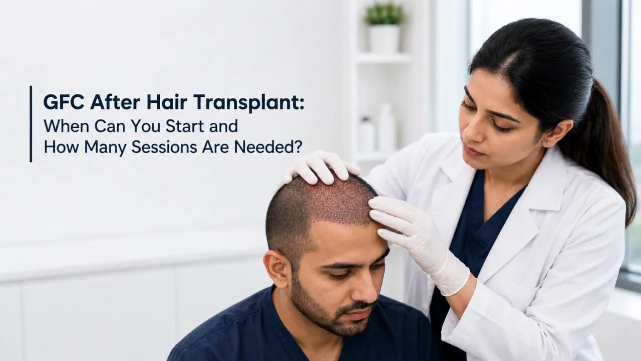 Doctor assessing scalp healing before starting GFC sessions after a hair transplant
