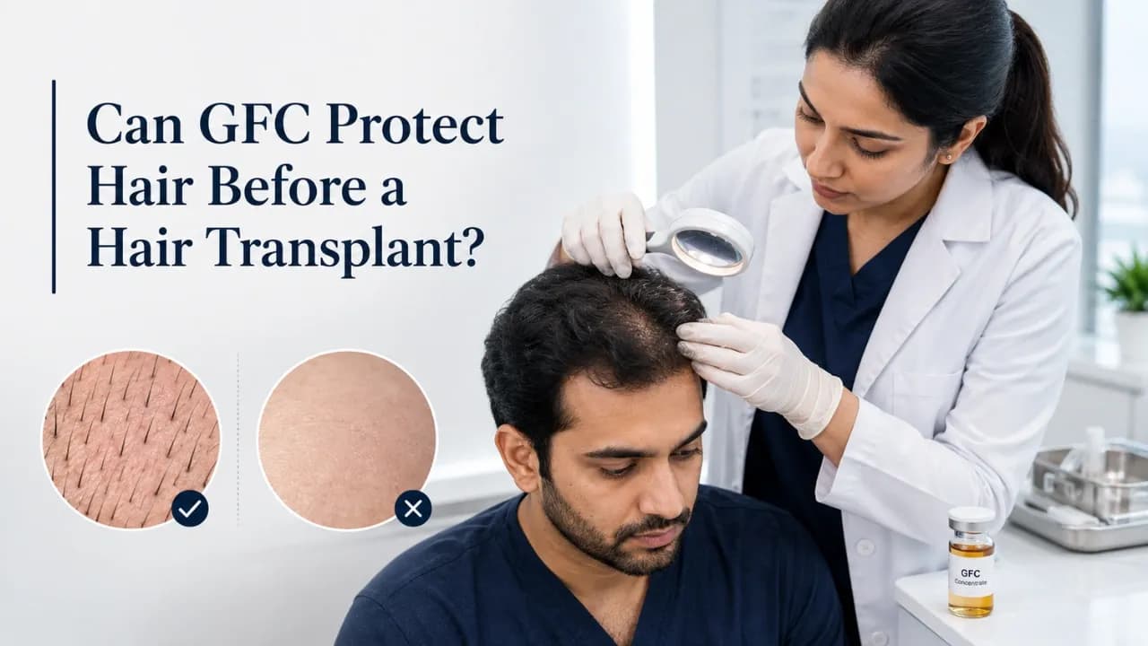 Hair specialist assessing thinning native hair before a transplant and discussing whether GFC may support viable follicles