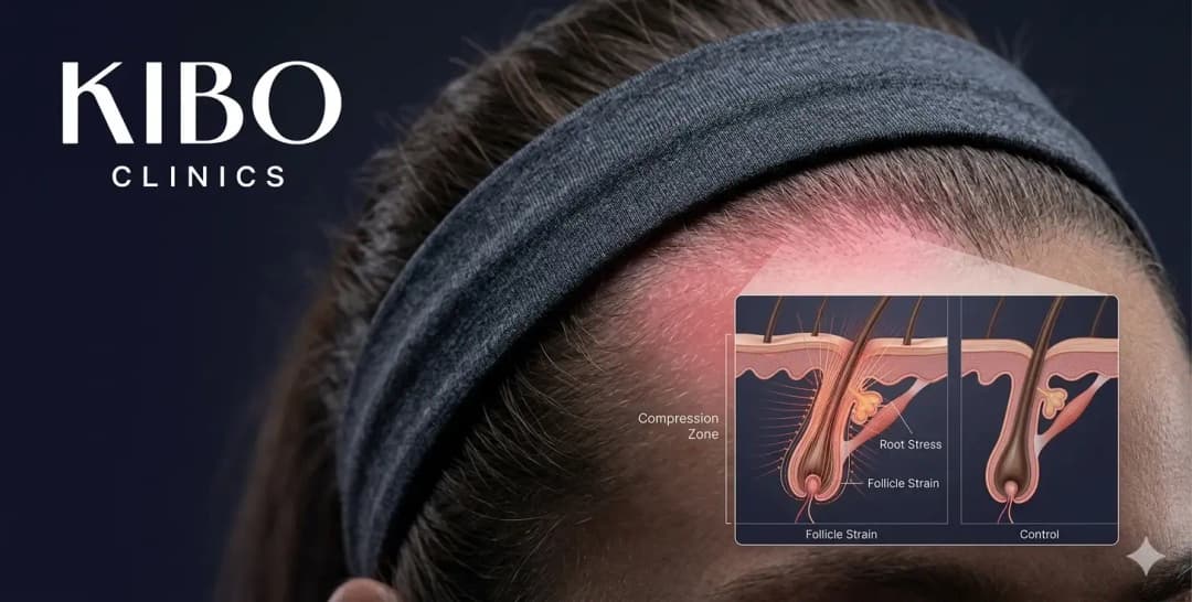 Elastic gym headband creating compression zones showing constant pressure on hair roots follicle stress and damage patterns from athletic accessories