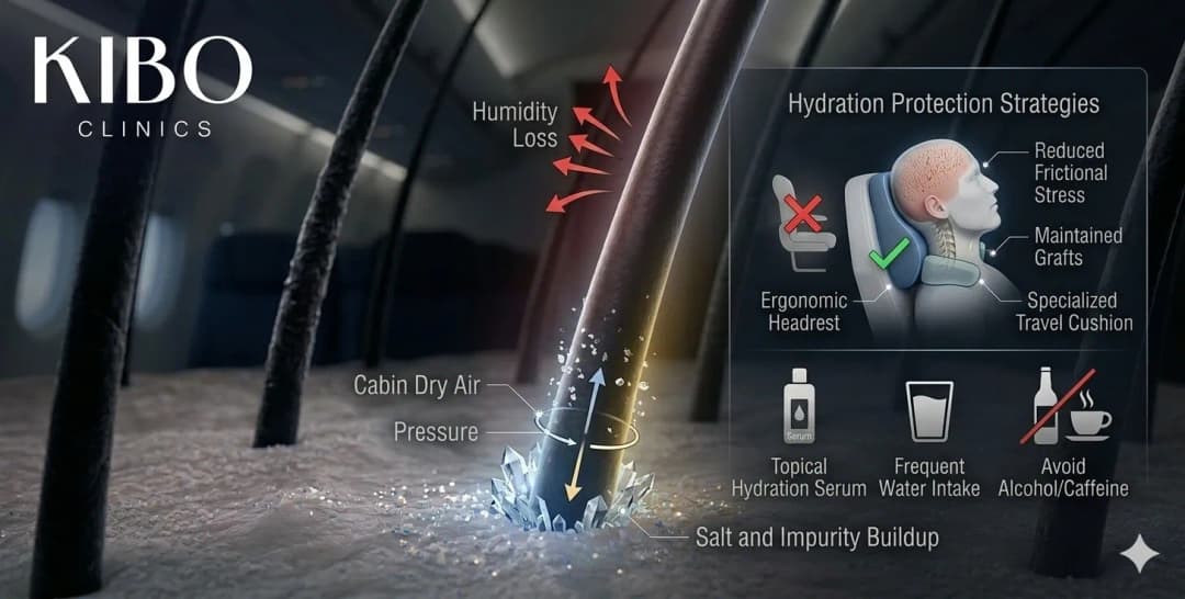 Long-distance flight showing airplane dry air cabin pressure headrest contact and hydration protection strategies during extended travel periods