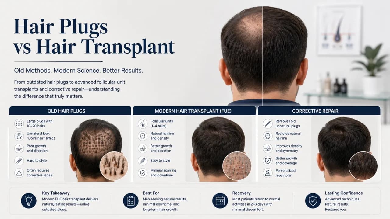 Old hair plugs compared with modern follicular-unit hair transplant and corrective repair