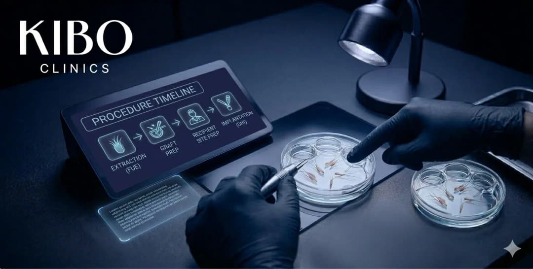 Step by step hair transplant procedure from extraction to implantation