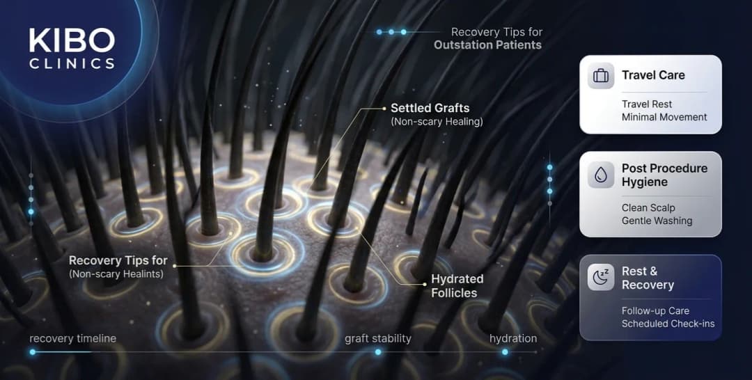 Hair transplant recovery tips for outstation patients illustrated through a detailed 3D scalp and hair follicle visualization showing healing grafts, recovery stages, and post procedure care elements in a clean medical infographic style