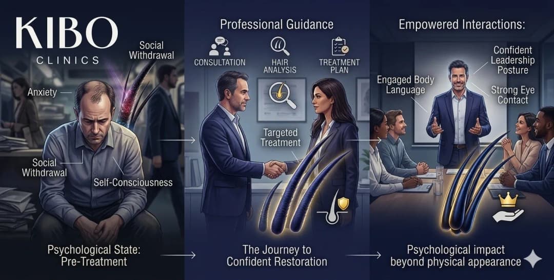 Professional interactions showing confident posture improved eye contact and engaged body language following hair restoration demonstrating psychological impact beyond physical appearance