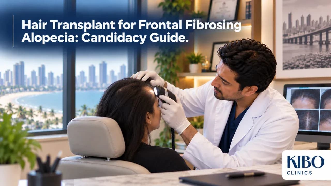 Dermatologist examining a stable frontal hairline during a frontal fibrosing alopecia transplant consultation at Kibo Clinics