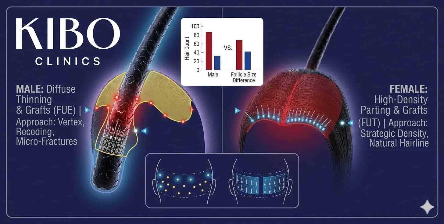 Male versus female hair transplant showing gender-specific techniques donor patterns and restoration approach differences