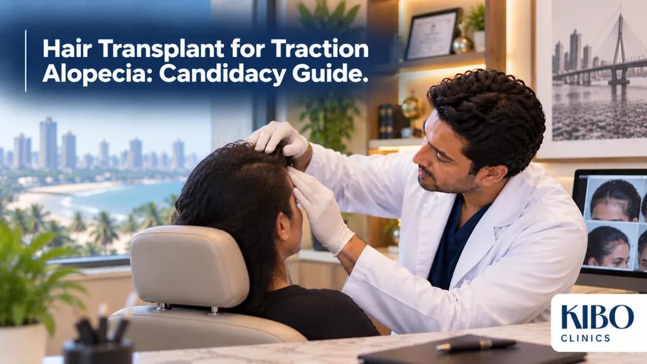 Dermatologist examining frontotemporal hair loss from traction alopecia before discussing transplant candidacy at Kibo Clinics