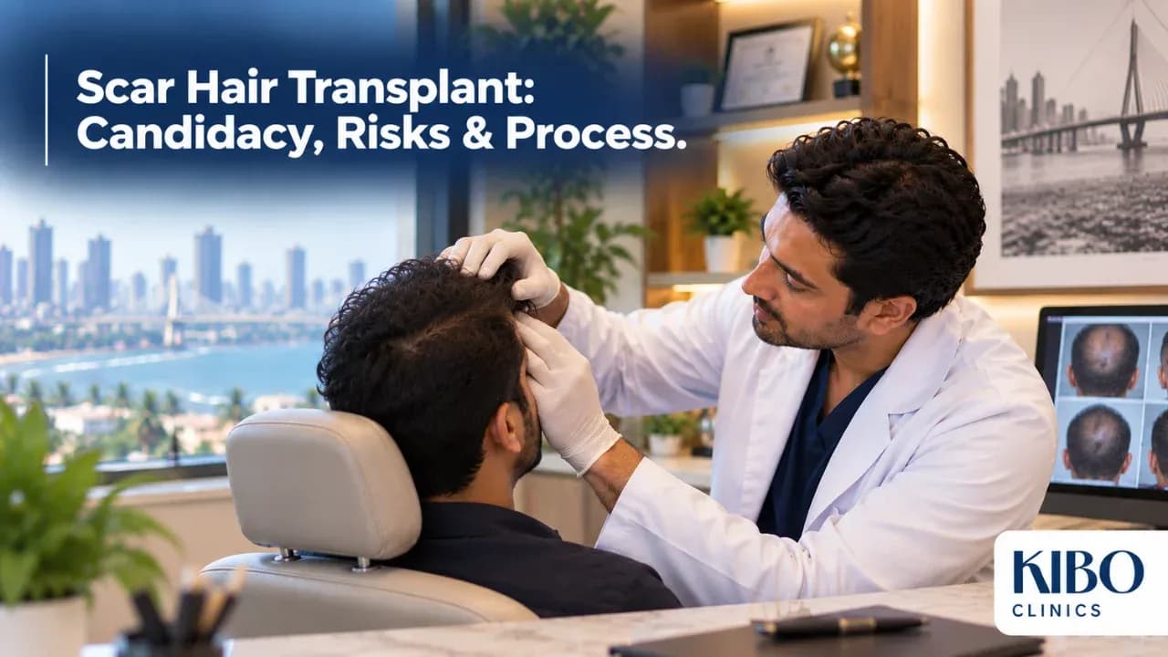 Dermatologist examining a mature scalp scar from a previous injury before assessing hair-transplant candidacy at Kibo Clinics