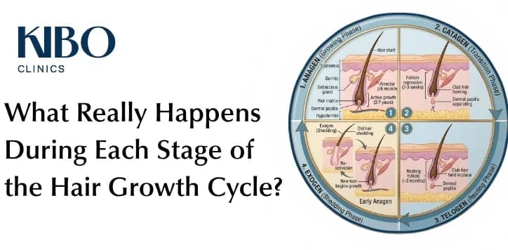 Hair growth cycle stages illustration showing anagen, catagen, telogen and exogen inside a circular graphic.