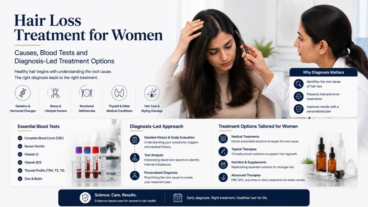Hair loss treatment for women, causes, blood tests and diagnosis-led treatment options