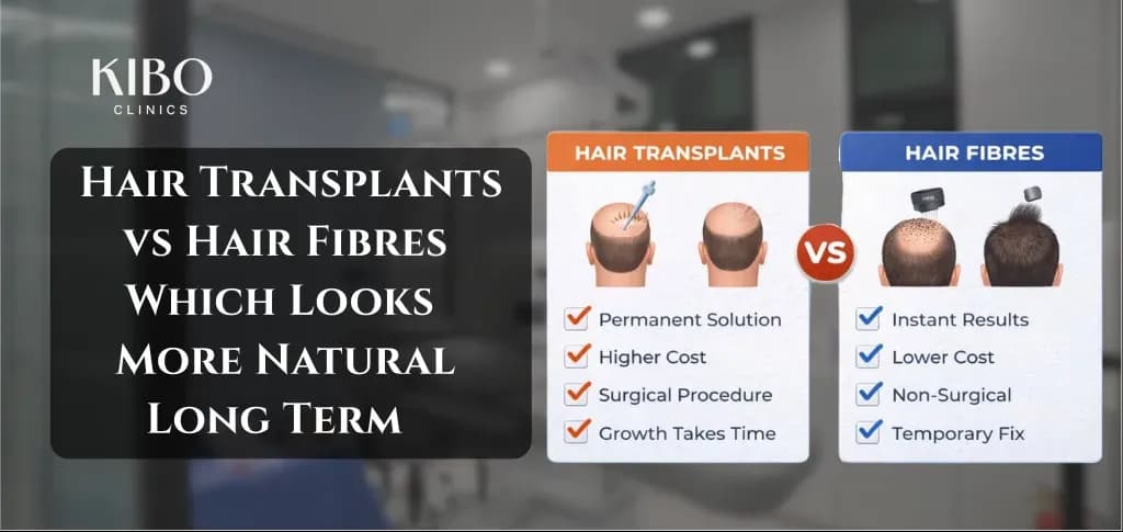 Hair transplant vs hair fibers showing temporary vs permanent results