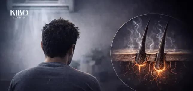 Indoor air conditioning environment showing moisture evaporation from hair shafts scalp dehydration and brittleness increase from constant dry air exposure