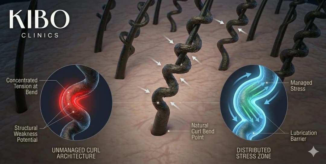 Curly hair bend points showing inherent tension zones from natural curl pattern creating stress concentration and increased breakage susceptibility