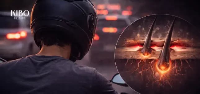 Daily helmet wear showing pressure zones friction points and chronic compression damage to hairline follicles from traffic commute protective gear