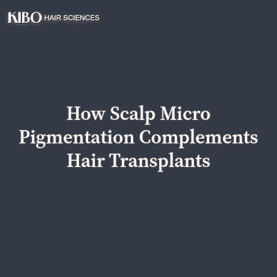 flat lay navy blue background with text "How Scalp Micro Pigmentation Complements Hair Transplants" centred and in middle and on top left corner there is Kibo clinics logo