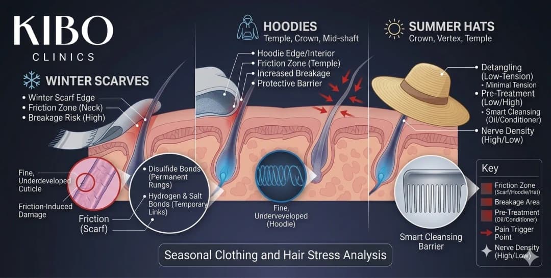 Seasonal clothing contact points showing winter scarves hoodies summer hats creating friction zones and protective strategies across weather changes