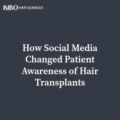 How Social Media Changed Patient Awarenesstext on flat blueish grey background and top left has KIBO Hair Sciences logo