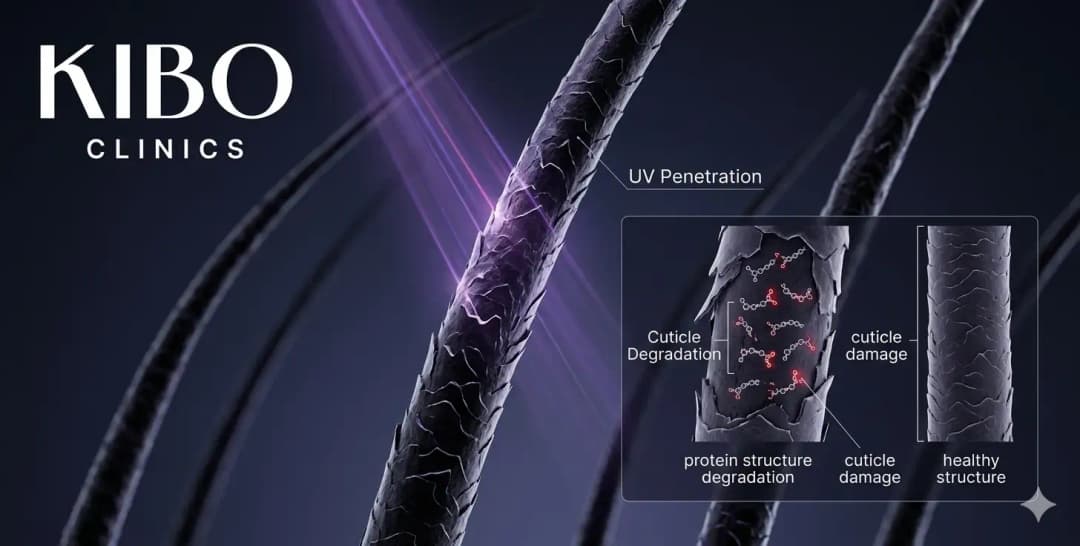 Ultraviolet sun radiation penetrating hair shaft showing protein structure degradation cuticle damage and texture deterioration from prolonged UV exposure