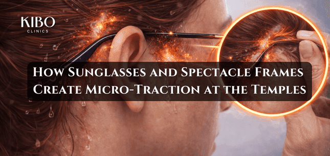 Illustration showing eyeglass frames creating constant pressure points at temple area with micro-traction stress on hair follicles and hairline plus friction zones from daily removal and adjustment movements