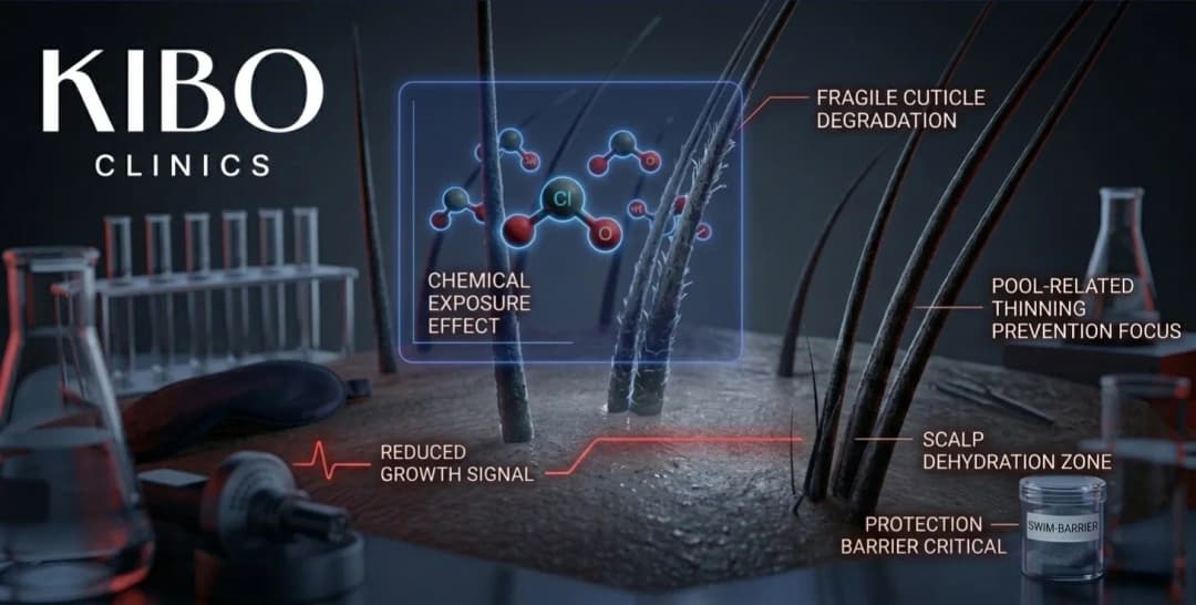Chlorine hair damage showing chemical exposure effects swimmer protection strategies and pool-related thinning prevention