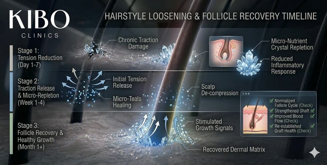 Gradual hairstyle loosening process showing progressive tension reduction traction release and follicle recovery timeline after chronic tight styling