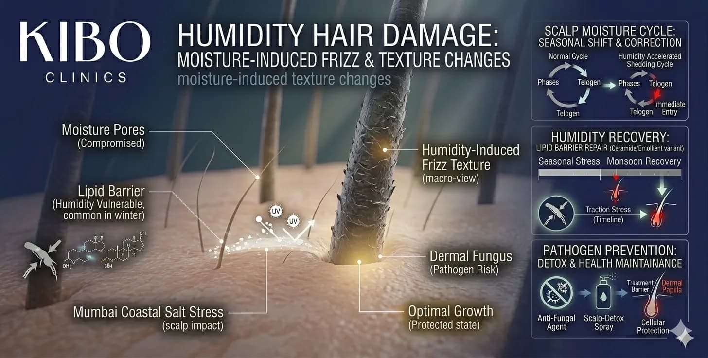 Humidity hair damage showing moisture-induced frizz texture changes and environmental impact on hair structure