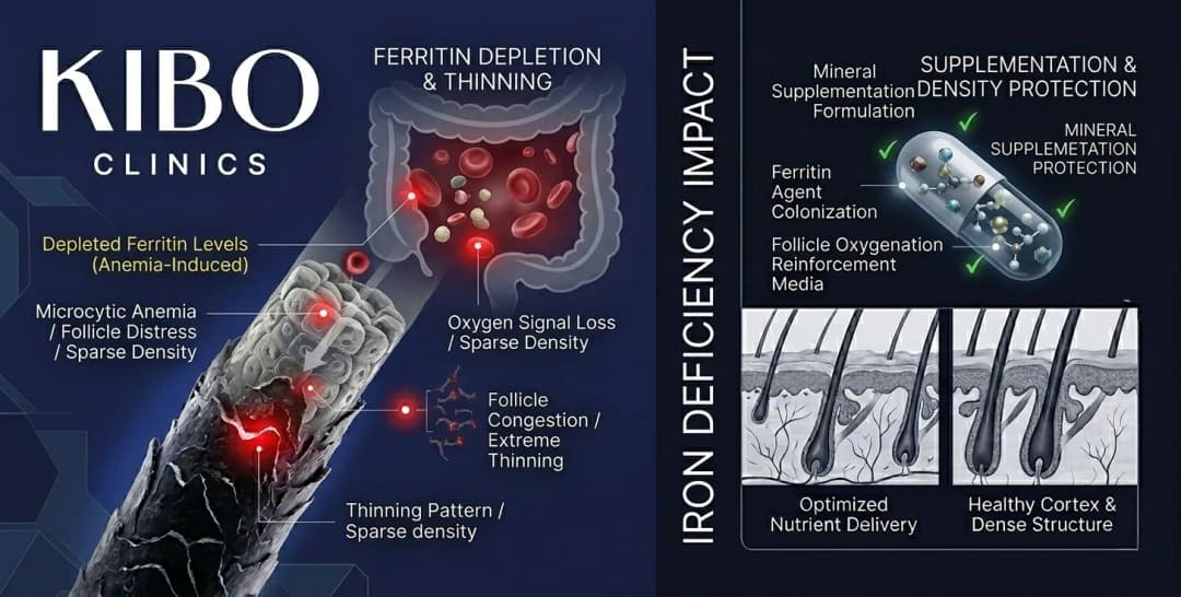 Iron deficiency hair loss showing ferritin levels anemia-related thinning and mineral supplementation effects