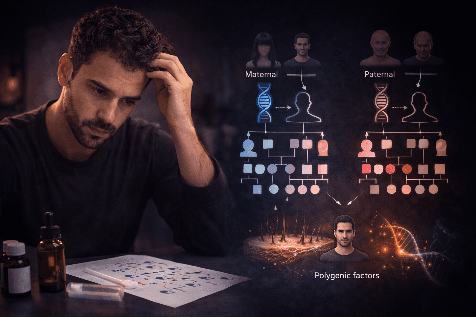 Hair loss genetics showing maternal and paternal inheritance patterns polygenic factors and family history analysis