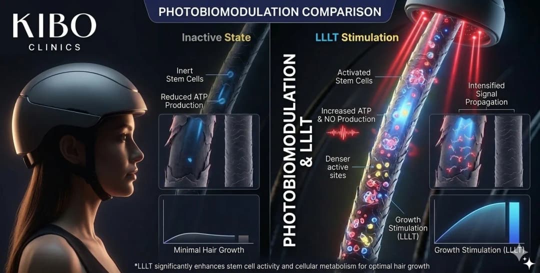 LLLT hair helmet showing low-level laser therapy photobiomodulation effects and light-based hair growth stimulation
