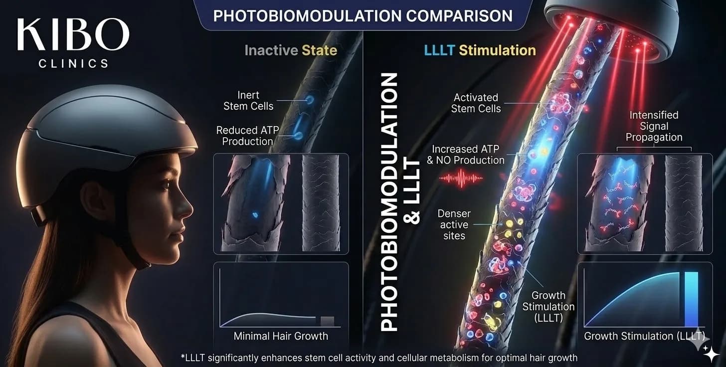 LLLT hair helmet showing low-level laser therapy photobiomodulation effects and light-based hair growth stimulation