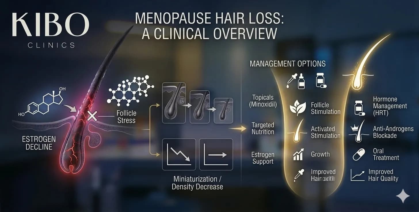 Menopause hair loss showing estrogen decline follicle miniaturization and hormonal hair density changes management