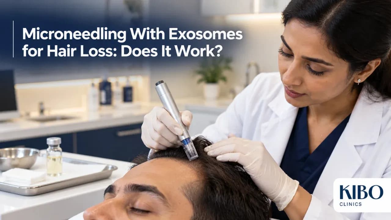 Clinician performing microneedling on a patient’s scalp before applying an exosome preparation